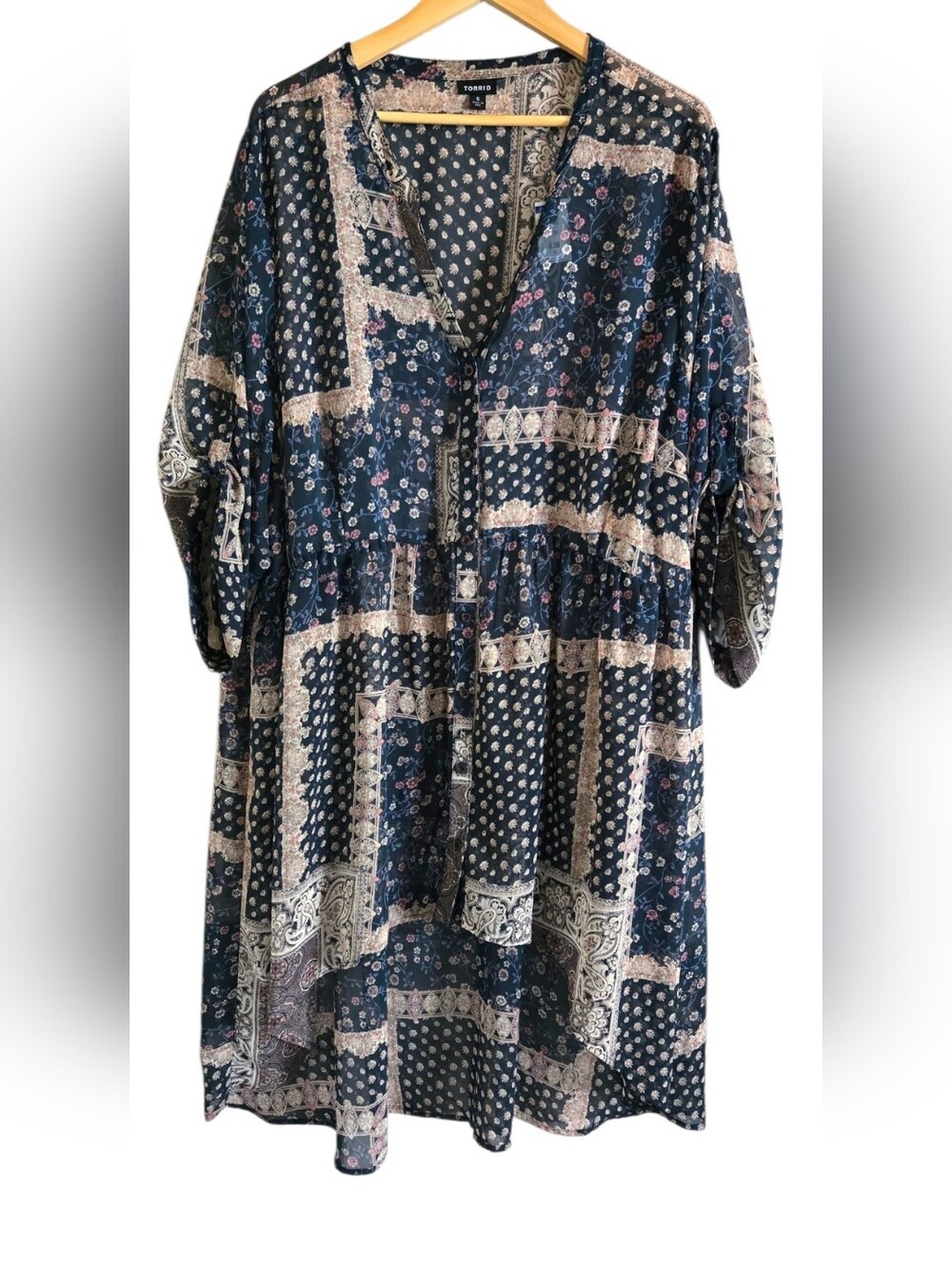 TORRID Patchwork Boho Tunic Dress Semi-Sheer Button Front High-Low Size 5 - Picture 2 of 9